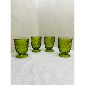 Vintage MCM Indiana Glass Avocado Green Whitehall Cubist Footed 4" Tumbler Set/4